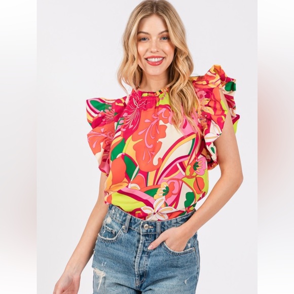 09 Boho Floral Print Ruffle Flare Shoulder Blouse - Picture 1 of 7